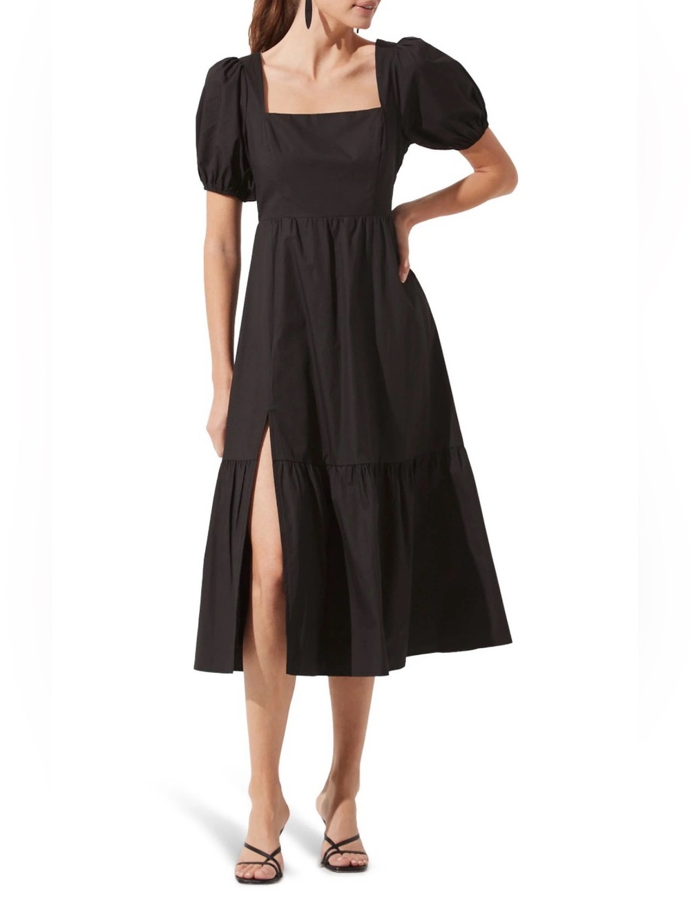 ASTR Sz M Poplin Puff Sleeve Tiered Midi Dress with Slit Square Neck
